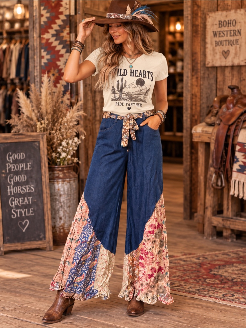 Boho Denim Patchwork Wide Leg Pants Floral Tie Waist Festival Western